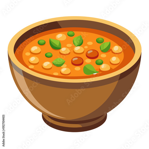 Delicious tomato soup bowl with chickpeas, peas, and fresh basil leaves for a flavorful vegetarian meal experience