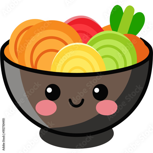 Cute cartoon bowl of smiling sliced fruits and vegetables with adorable face and cheeks