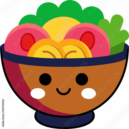 Adorable kawaii-inspired cartoon bowl with cute face filled with colorful fruit and vegetables in vibrant, whimsical design