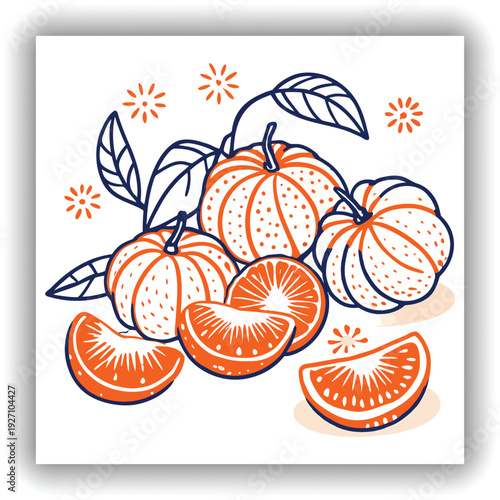 A close-up studio shot of a grouping of tangerines, set against a transparent background. Two whole tangerines are positioned towards the upper portion of the frame, with their vibrant orange, texture