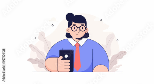 A smiling person in a blue shirt and red tie holds a black smartphone