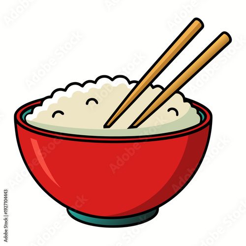 Red bowl with chopsticks filled with fluffy white rice, capturing a simple and elegant culinary delight for traditional asian cuisine enthusiasts