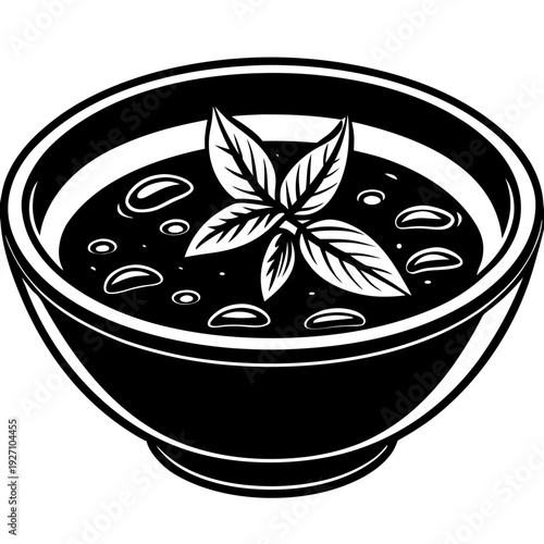 Elegant black and white bowl with basil leaves and liquid drops capturing minimalist culinary aesthetics and traditional charm in simplistic artwork
