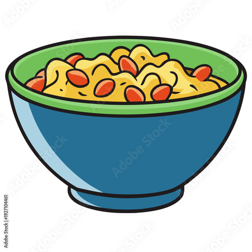 Colorful cartoon bowl of creamy macaroni and cheese with red toppings in green and blue dishware