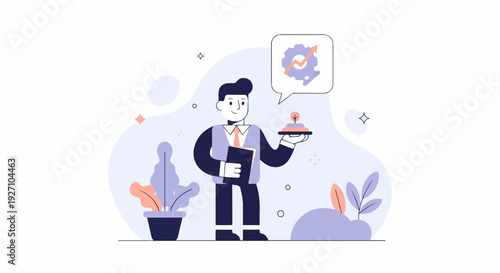 A man holds a tray with a plant, thinking about business growth