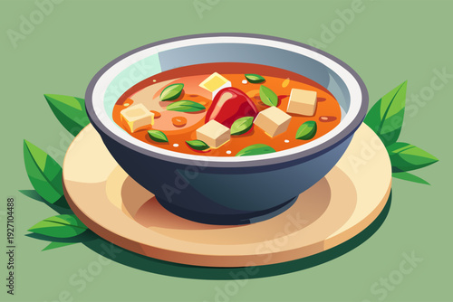 Colorful cartoon style bowl of spicy tofu soup with leaves garnish on wooden plate against green background