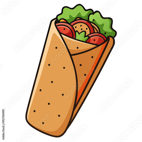 Delicious wrap with lettuce, tomatoes, and meat filling in a cartoon style illustration on a white background