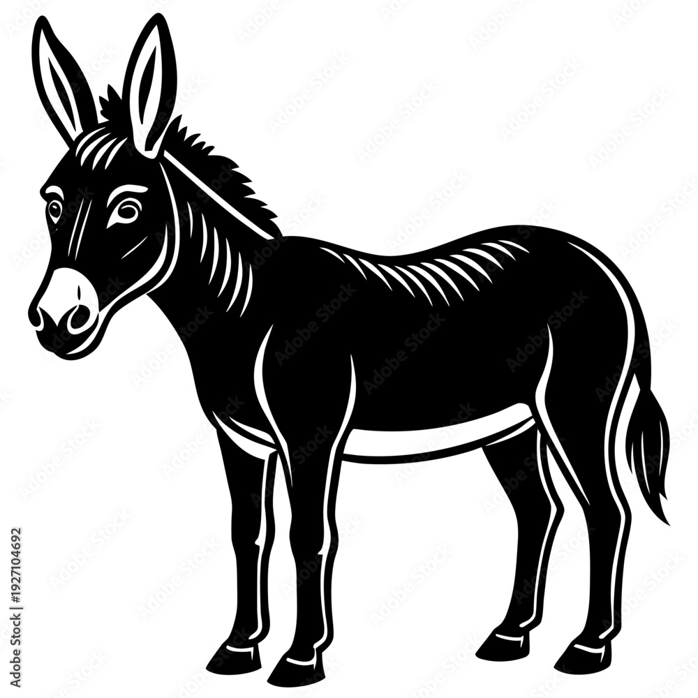 Fototapeta premium Intricate black silhouette of donkey in profile with line art features and white background accentuates ears, mane, and hooves in detailed illustration