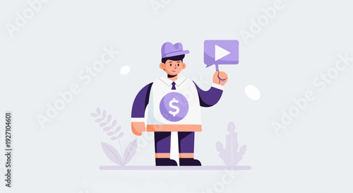 Man with dollar symbol and play button, animated style