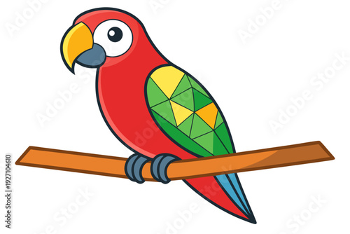 Colorful geometric parrot illustration with red body, green wings, and yellow accents perched on a branch