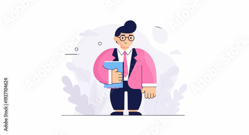 A stylized person in a pink jacket and glasses holds a blue book