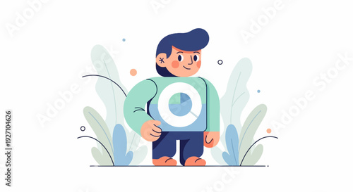 Stylized person holding a circular chart with chart divisions, surrounded by abstract plant shapes