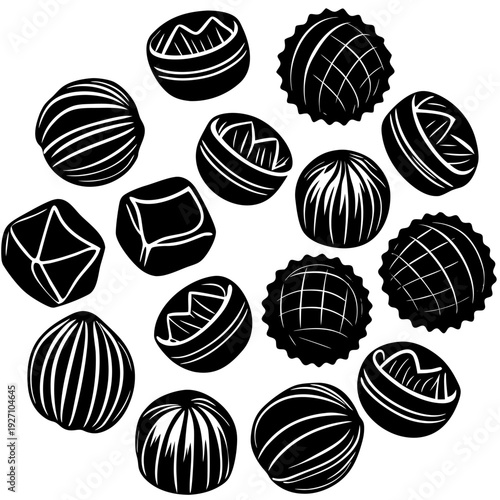 Artistic black and white sketch of assorted spherical and geometric chocolates with intricate patterns in a circular arrangement