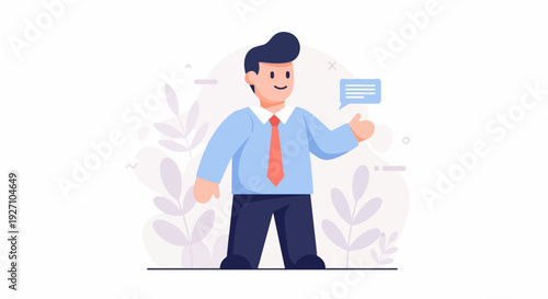 Cheerful man in business attire gives a thumbs-up with a speech bubble indicating communication