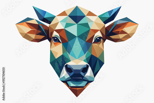 Colorful geometric cow portrait with abstract polygonal design and vibrant triangular patterns on white background