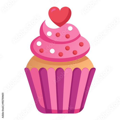 Delicious cupcake with pink swirled frosting and heart decoration in vibrant striped wrapper