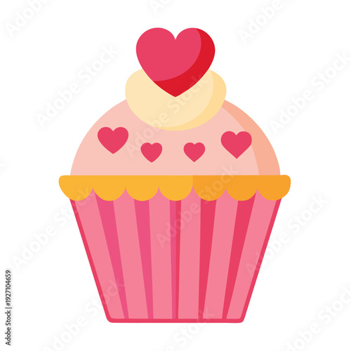 Cute pink cupcake with heart decoration, yellow frosting, and pastel striped wrapper for sweet occasions and celebrations