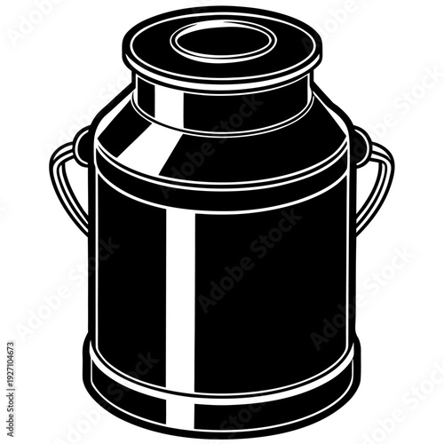 Vintage milk churn illustration: black and white graphic of traditional metal container for cream and dairy products