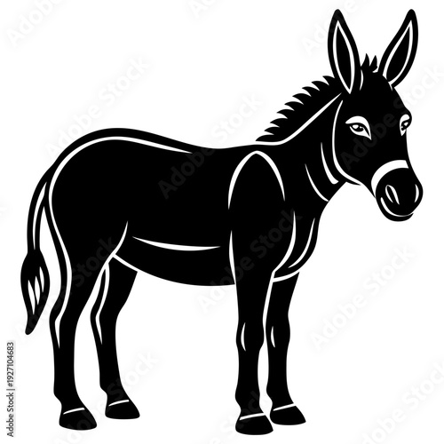 Bold black and white donkey illustration with elegant features and distinctive ears for nature and animal art enthusiasts
