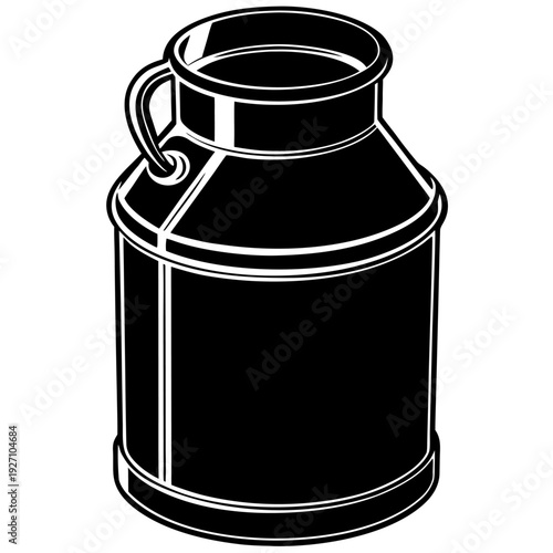 Vintage metal milk can with handle in black and white stylized illustration for rustic farmhouse decor and retro design