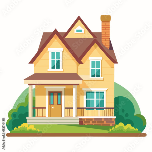 Charming two-story yellow house with brown roof, porch, and chimney surrounded by greenery and bushes on a sunny day in a picturesque residential neighborhood