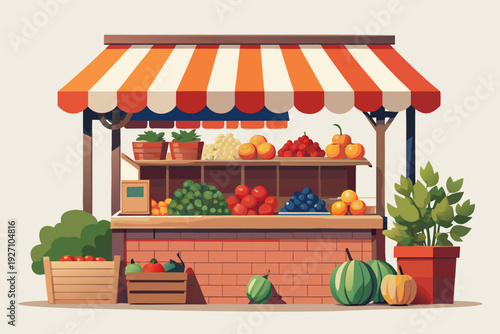 Colorful fruit and vegetable stall with striped canopy and assorted produce display on wooden shelves outdoors