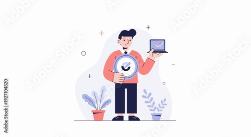 Man holding magnifying glass and laptop with graph, surrounded by plants and graphic elements