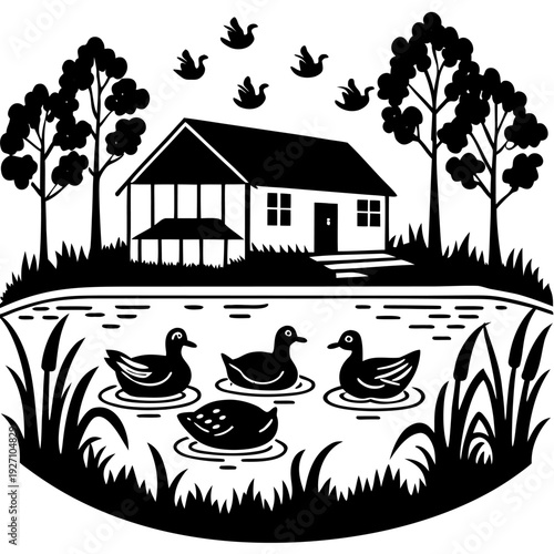 Serene lakeside cottage with ducks in pond surrounded by trees and flying birds in peaceful nature scene