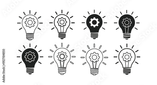 Creative light bulb with gear vector illustration set symbolizing new ideas and mechanical problem-solving.
