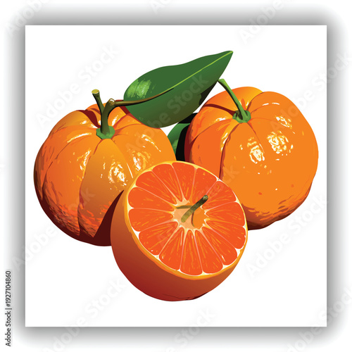 A close-up studio shot of a grouping of tangerines, set against a transparent background. Two whole tangerines are positioned towards the upper portion of the frame, with their vibrant orange, texture