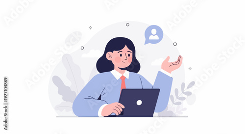 A cartoon woman in a suit smiles and gestures while holding a laptop, with a speech bubble above her