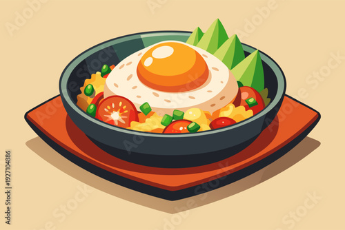 Delicious rice bowl with runny egg, avocado slices, cherry tomatoes, and fresh vegetables in a black bowl on an orange plate