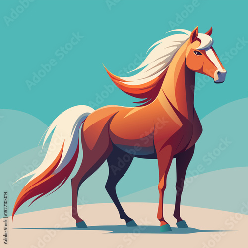 Majestic horse with flowing mane standing proudly against clear sky in vibrant artistic style