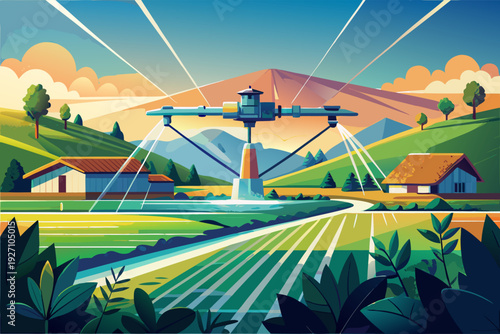 Advanced irrigation system in vibrant countryside with mountains, efficient farming technology in serene agricultural landscape