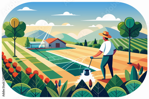 Farmer watering crops in picturesque rural landscape with mountains, farmhouse, trees, and vibrant fields under clear sky