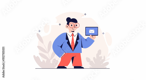 Businessman holding a tablet with an email icon, stylized illustration