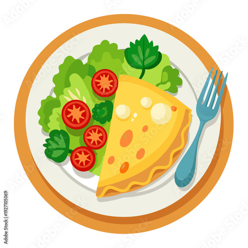 Colorful cartoon plate with cheese quiche slice and fresh green salad featuring lettuce, tomatoes, and parsley served with fork on white background