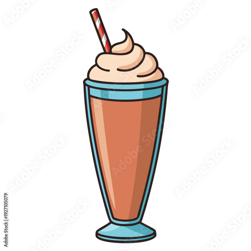 Classic chocolate milkshake with whipped cream in tall glass and striped straw against white background