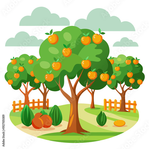 Lush orchard scene featuring apple trees with fruit under a clear sky with clouds and surrounding wooden fencing in green pasture