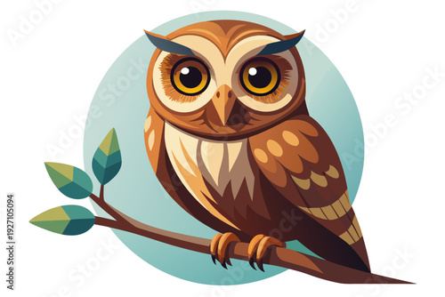 Colorful cartoon owl perched on branch with leaves in whimsical style, featuring bold lines and expressive eyes