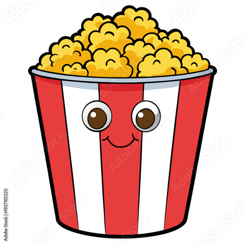 Cartoon popcorn bucket with smiling face in red and white stripes on white background