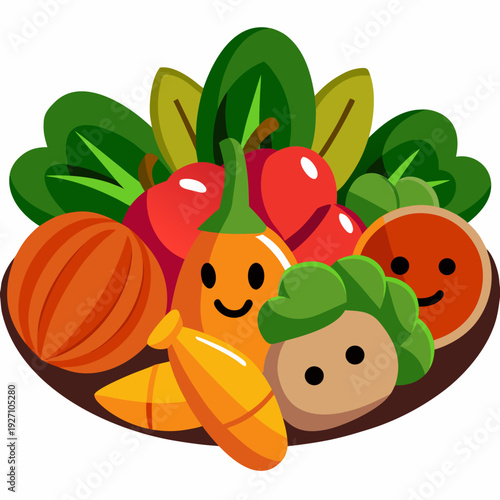 Colorful smiling fruits and vegetables with leafy greens in cartoon style featuring happy expressions