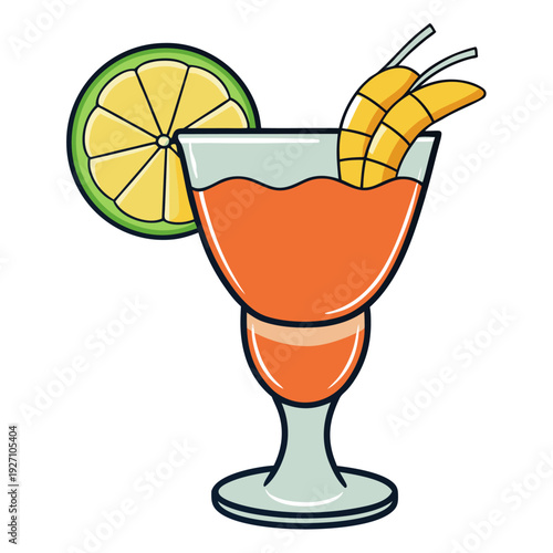 Colorful cocktail with shrimp skewers and lime slice in elegant glass for refreshing summer party drink