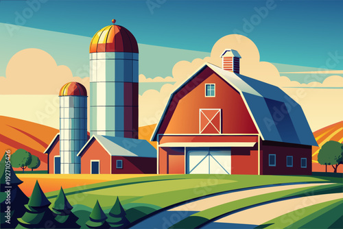 Charming countryside scene with red barn, silos, and rolling hills in a colorful rural landscape