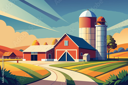 Vibrant rural landscape with red barn and silos under blue sky in autumn countryside art scene
