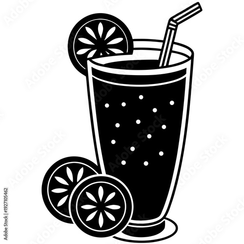 Refreshing citrus beverage with straw garnished by sliced lemons in black and white vector style illustration