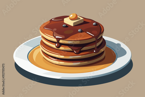 Delicious stack of pancakes drizzled with chocolate syrup and butter on a plate against neutral background
