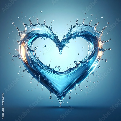 Splashing water heart shape with blue and gold light reflection love emotion