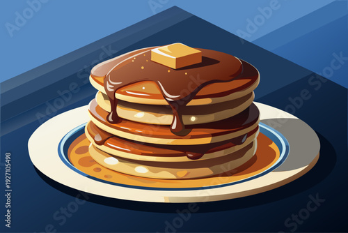 Delicious stack of pancakes with butter and maple syrup dripping on blue plate in morning light