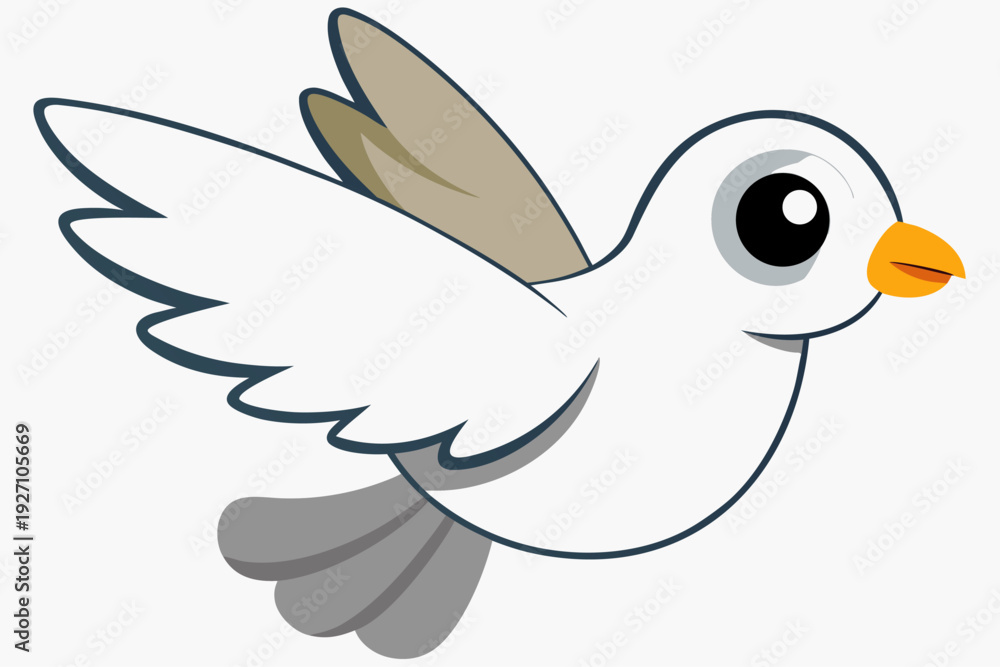 Fototapeta premium Cartoon seagull in flight with white feathers and gray wing accents, big eyes, and orange beak